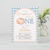 Unser kleiner Pumpkin Boho Blue Gingham 1. Geburts Einladung (Stehend Vorderseite)