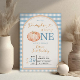 Unser kleiner Pumpkin Boho Blue Gingham 1. Geburts Einladung