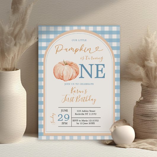 Unser kleiner Pumpkin Boho Blue Gingham 1. Geburts Einladung