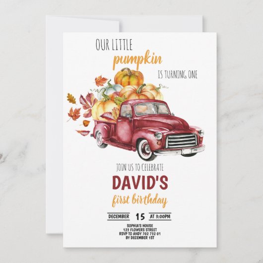 Unser kleiner Pumpkin Boy 1. Geburtstag Herbstwage Einladung (Vorderseite)