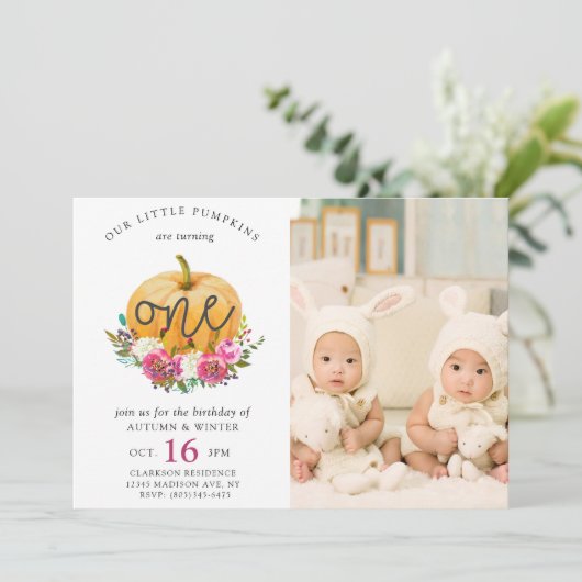 Unser kleiner Pumpkin Fall Floral 1. Zehn Geburtst Einladung (Stehend Vorderseite)