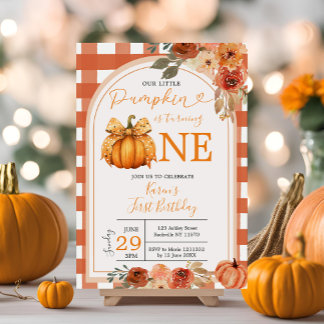 Unser kleiner Pumpkin Orange Gingham 1. Geburtstag Einladung