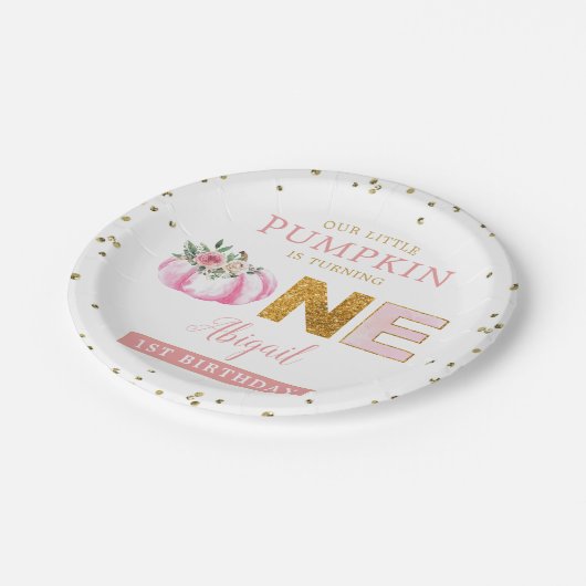 Unser kleiner Pumpkin Pink Gold Floral 1. Geburtst Pappteller (Schrägansicht)