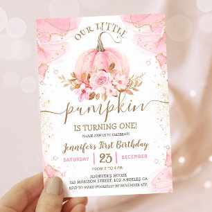 Unser kleiner Pumpkin   Rosa Gold Girl 1. Geburtst Einladung