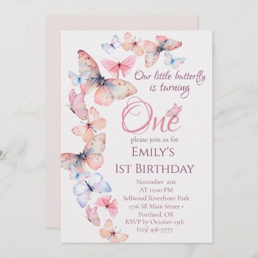 Unser kleiner Schmetterling - Aquarellfarbene Birt Einladung (Vorne/Hinten)