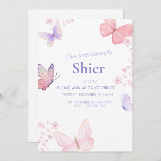 Unser kleiner Schmetterling Einladung zum 1. Gebur (Vorne/Hinten)