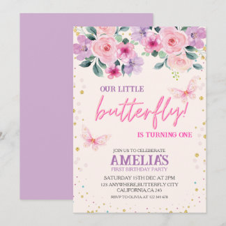 Unser kleiner Schmetterling lila Blüte 1. Geburtst Einladung
