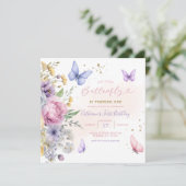 Unser kleiner Schmetterling Pink Wildblume 1. Gebu Einladung (Stehend Vorderseite)