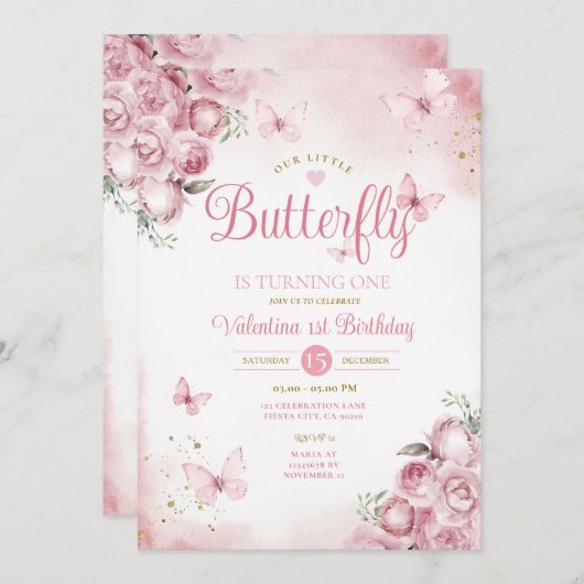 Unser kleiner Schmetterling verwandelt eine rosa B Einladung (Vorne/Hinten)