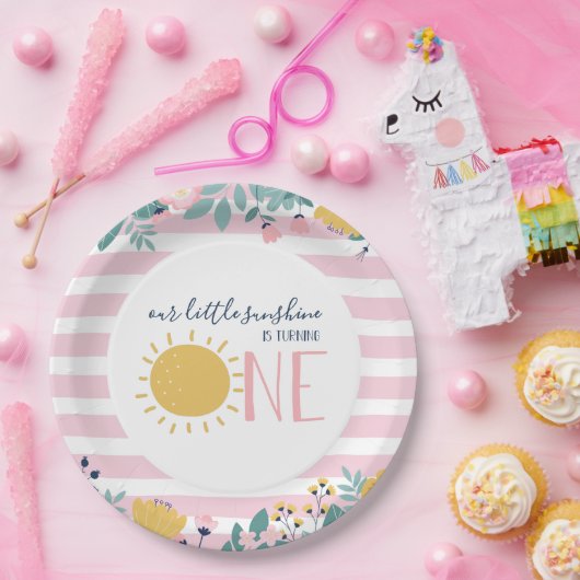 Unser kleiner Sonnenschein, Blume, rosa Streifen z Pappteller (Party)