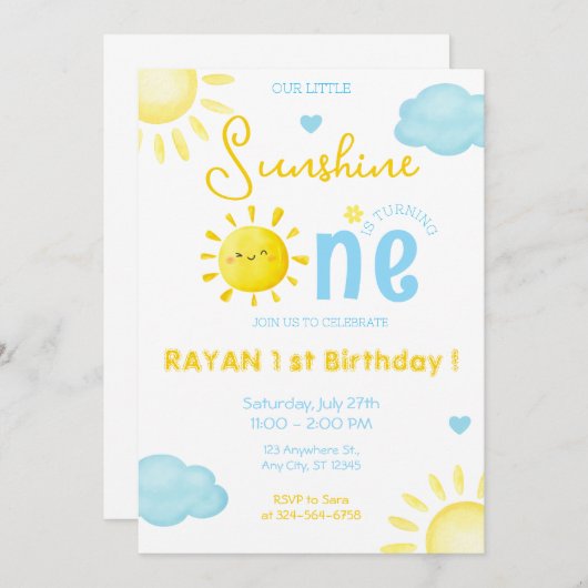 Unser kleiner Sonnenschein-Junge Blau 1. Sonne Geb Einladung (Vorne/Hinten)