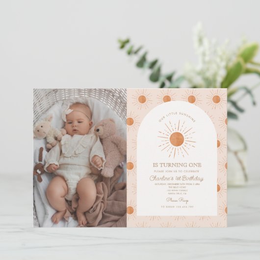 Unser kleiner Sonnenschein Retro Minimal 1. Geburt Einladung (Stehend Vorderseite)