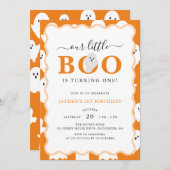 Unser kleines Boo Orange Ghost Halloween 1. Geburt Einladung (Vorne/Hinten)