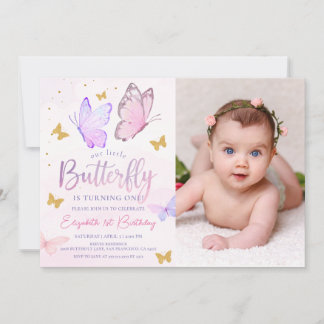 Unser kleines Butterfly Pink Gold Girl Geburtstags Einladung
