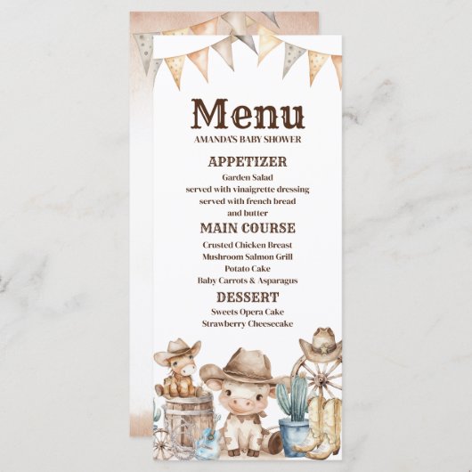 Unser kleines Cowboy Baby Shower Cactus Desert Men Menükarte (Vorne/Hinten)