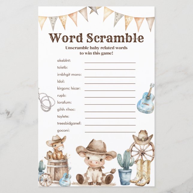Unser kleines Cowboy Baby Shower Word Scramble Gam (Vorderseite)