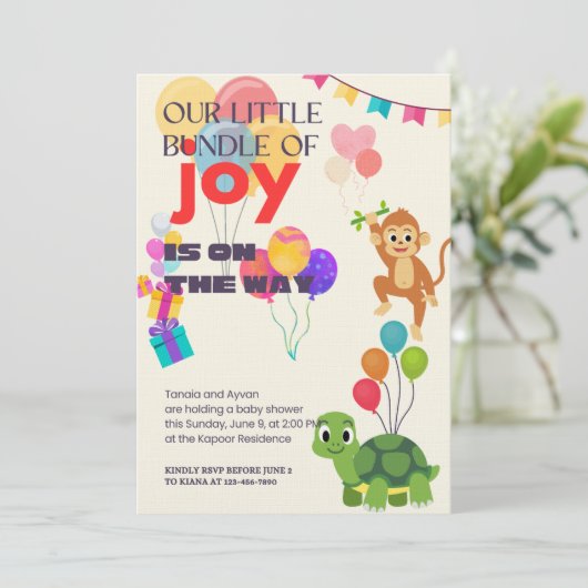 Unser kleines Freudenbündel ist unterwegs. Einladung (Stehend Vorderseite)