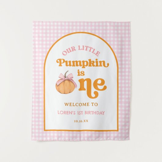 Unser kleines Kürbismädchen 1. Geburtstagsbanner Wandteppich (Vorderseite)
