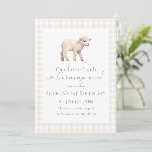Unser kleines Lamm Geburtstag Neutral Gingham Einladung (Stehend Vorderseite)