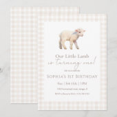 Unser kleines Lamm Geburtstag Neutral Gingham Einladung (Vorne/Hinten)