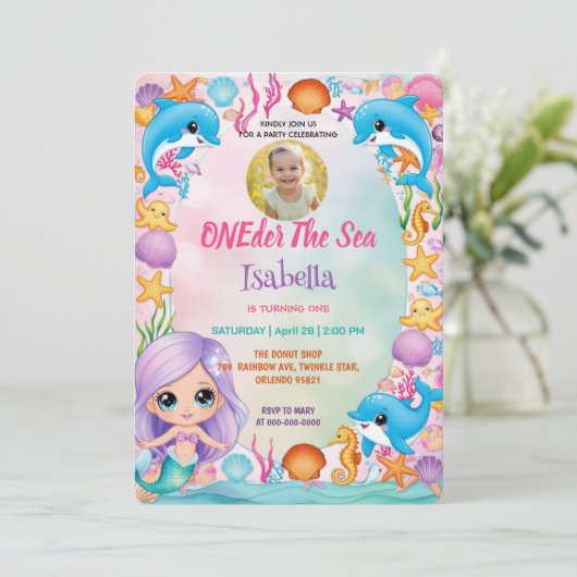 unser kleines Meerjungfrau 1. Foto Sommergeburtsta Einladung (Stehend Vorderseite)