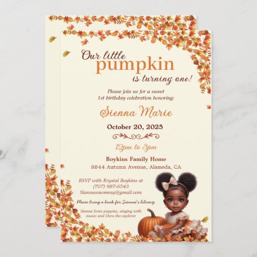 Unser kleines Pumpkin Afro Puff Baby Girl Geburtst Einladung (Vorne/Hinten)