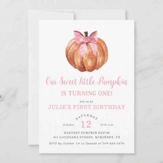 Unser kleines Pumpkin Girl zum ersten Geburtstag Einladung (Vorderseite)