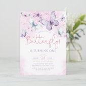 Unser kleines Schmetterling Pink Lila Mädchen Gebu Einladung (Stehend Vorderseite)