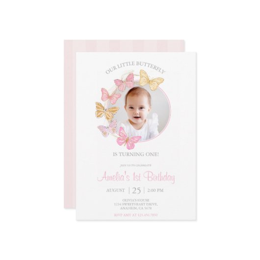 Unser kleines Schmetterlingspink Lila Mädchen 1. G Einladung (Vorderseite/Rückseite Beispiel)