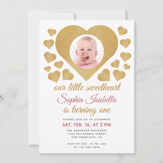 Unser kleines Sweetheart Foto Goldenes Herz Geburt Einladung (Vorderseite)