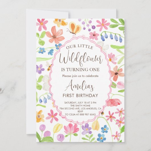 Unser kleines Wildblume Mädchen zum ersten Geburts Einladung (Vorderseite)