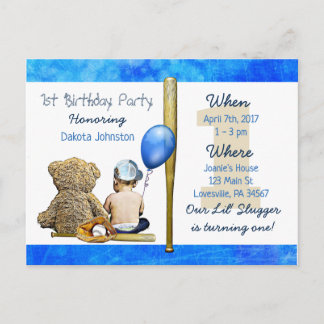 Unser Lil Slugger Boy und Teddy Bear 1. Geburtstag Einladungspostkarte
