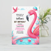 Unser Luau Fly Pink Flamingo Pool Party 1. Einladung (Stehend Vorderseite)