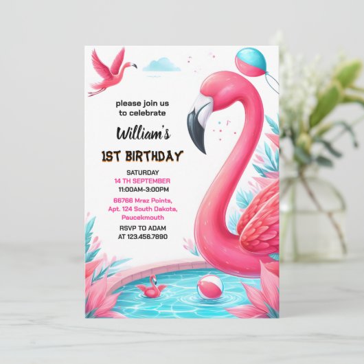 Unser Luau Fly Pink Flamingo Pool Party 1. Einladung (Stehend Vorderseite)