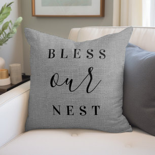Unser Nest segnen   Rustikales Graues Bauernhaus Kissen
