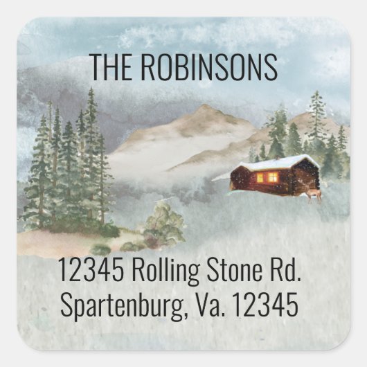 Unser neuer Nacken der Holzhütten-Pinien-Adresse Quadratischer Aufkleber (Vorderseite)