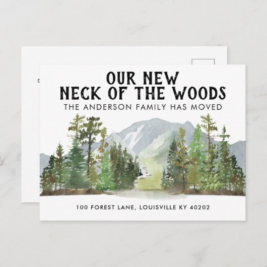 Unser neuer Nacken des Wald-Berg-Moving Ankündigungspostkarte (Vorne/Hinten)