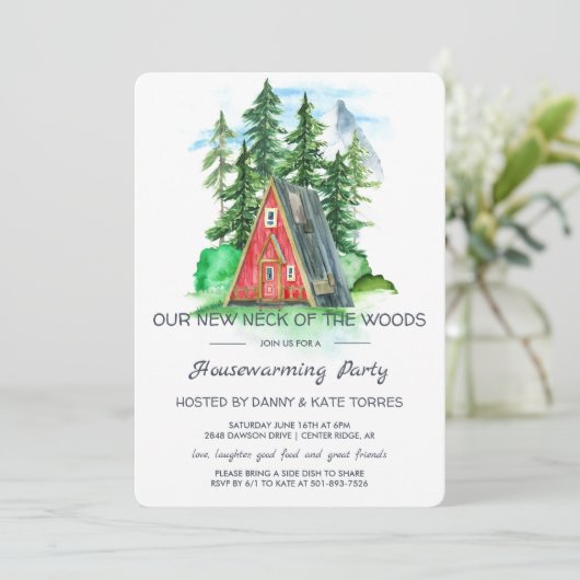 Unser neuer Nacken des Woods Housewarming-Party Einladung (Stehend Vorderseite)