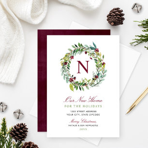 Unser neuer Zuhause Winter Greenery Monogram Kranz Feiertagskarte