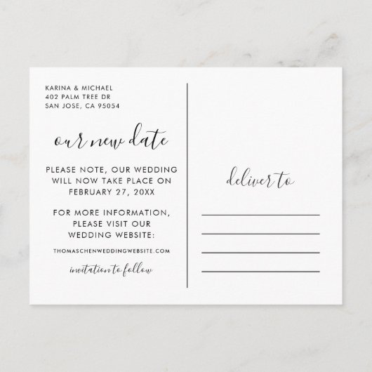 Unser neues Date Handgeschriebenes Skript Hochzeit Ankündigungspostkarte (Rückseite)