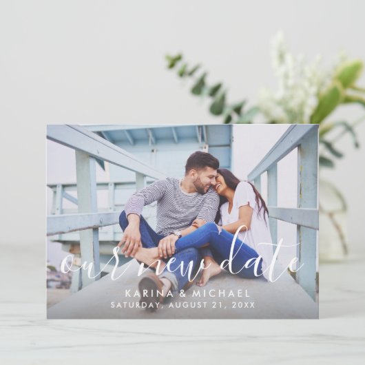 Unser neues Date Handgeschriebenes Skript Hochzeit Save The Date (Stehend Vorderseite)