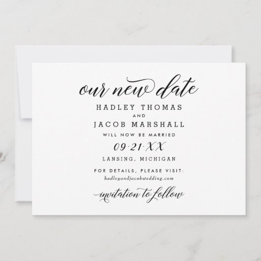 Unser neues Date Modernes kalligrafisches Hochzeit Save The Date (Rückseite)