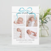 Unser perfektes Geschenk Blue Bow Foto Birth Ankündigung (Stehend Vorderseite)