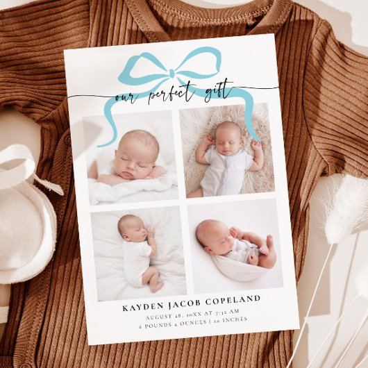 Unser perfektes Geschenk Blue Bow Foto Birth Ankündigung