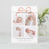 Unser perfektes Geschenk Pink Bow Foto Geburt Ankündigung (Stehend Vorderseite)