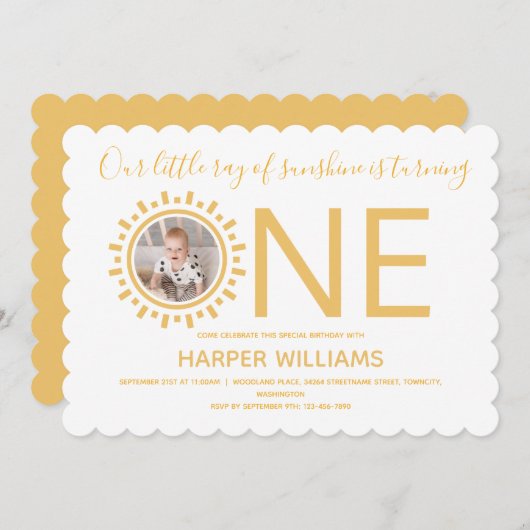 Unser Sonnenschein-Foto-Ray 1. Geburtstag Einladung (Vorne/Hinten)