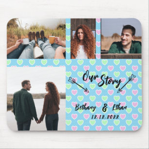 Unser Story Couple Foto Collage Blue Hearts Muster Mousepad