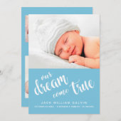 Unser Traum erfüllt das Foto Sweet Blue Boy Birth Ankündigung (Vorne/Hinten)