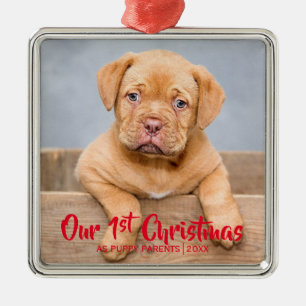 Unsere 1. Weihnachtswelpen-Eltern Hunde-Foto Rot Ornament Aus Metall