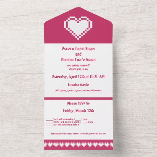 Unsere 8-Bit-Herzen in Himbeere All In One Einladung (Innen Boden)